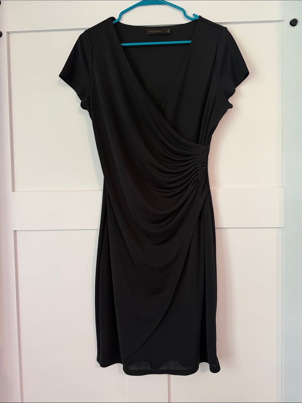 The Limited Black Faux-Wrap Ruched Midi Dress
